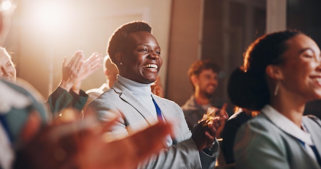 business man and people with applause at seminar for success profit increase and presentation achievement smile crowd and clapping hands for investment winner and promotion celebration of award