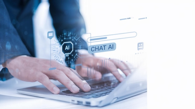 Business Man Developing Virtual Digital Web Design Using AI Technology for Coding and Data Analysis