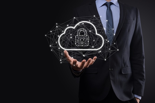 Business man hold,holding cloud computing data and security on global networking,Padlock and cloud icon. Technology of business.Cybersecurity and information or network protection.internet project