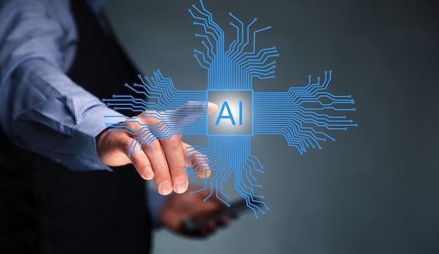 Business man holding phone with AI icon