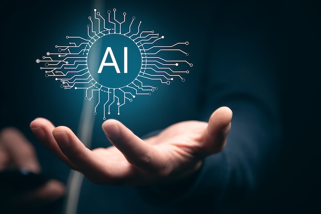 Business man holding phone with AI icon