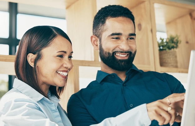business partners office and tablet with smile company stats and profit for digital website or startup colleagues project planning and collaboration for strategy workplace and teamwork success