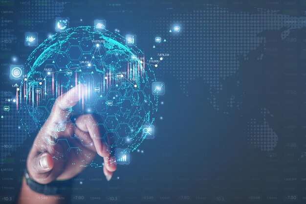 business people point to the virtual hologram in the internet cyberspace online business and graph