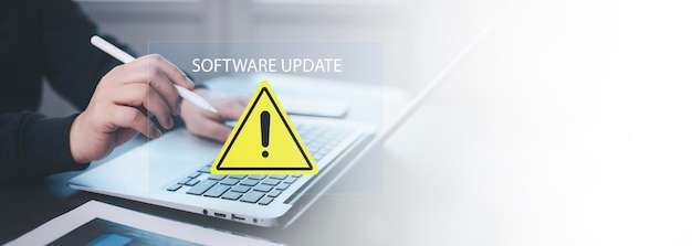 Business people using computer laptops with triangle caution warning signs Http 404 error not found page template Internet and technology concept loading bar with installing the update Technology