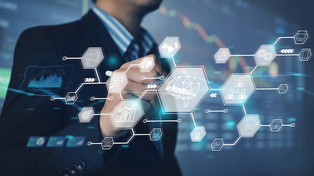 Business people using internet technology for global economic analysis Digital marketing concept