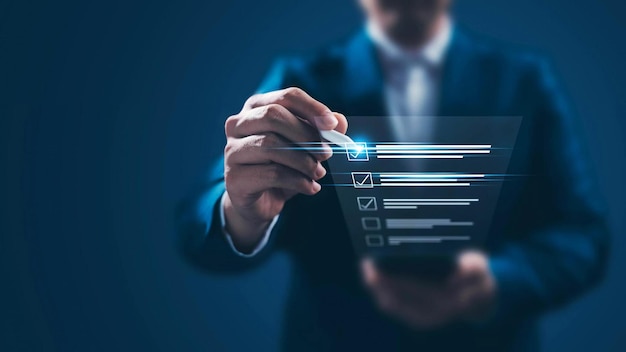 Business performance monitoring concept businessman using smartphone Online survey filling out digi