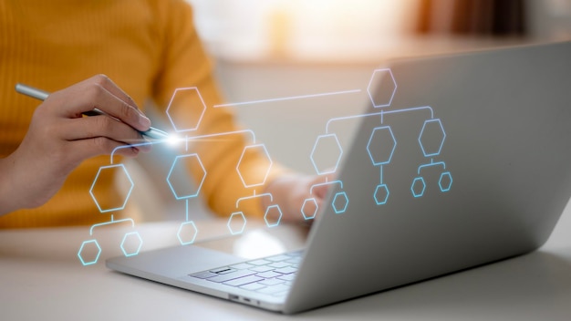 Business process flowchart implement and improve on virtual screen organigram and hierarchy scheme design workflow automation with flowcharts model structure digital and data management