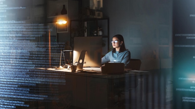 Business woman computer or coding in night office for digital marketing web design 3d database programming or digital transformation Programmer cyber security worker or futuristic code technology