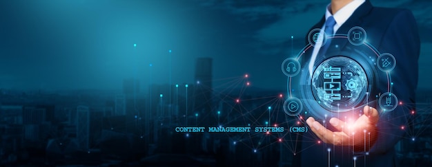 businessman analyzing content management systems cms growth trends and company performance