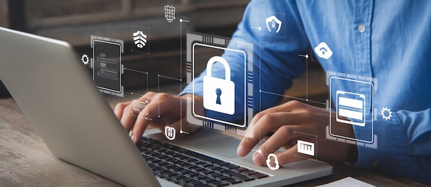 Businessman and fingerprint scanning unlock and access to business data network Cloud Biometric id