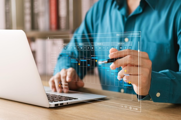 Businessman at the executive level analyzes the work strategy of the organization Measure success with KPI improve performance Investigate and correct deficiencies measure results concretely