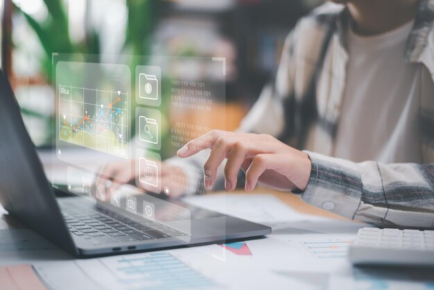 businessman calculating numbers in corporate financial online documentwith calculator analysis of