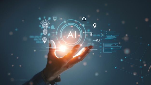 Businessman chatting with AI or artificial intelligence technology A man uses a laptop computer to