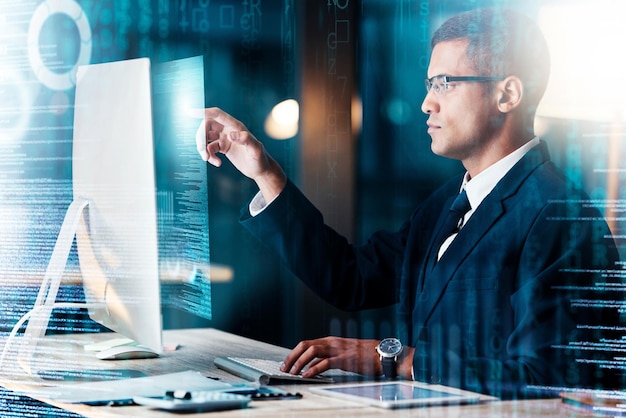businessman computer and futuristic hologram code for cyber security software website seo and blockchain cybersecurity web developer programmer and designer with digital transformation technology