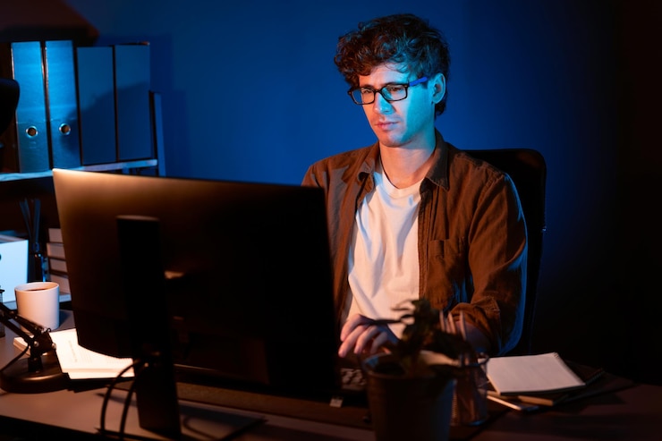 Photo businessman concentrating on pc on project at neon light office gusher