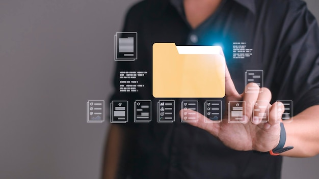 businessman finger touch digital device hud hologram with office document icons and binary storage of personal data information online database concept of cloud service