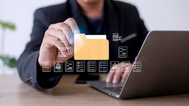 businessman finger touch digital device hud hologram with office document icons and binary storage of personal data information online database concept of cloud service