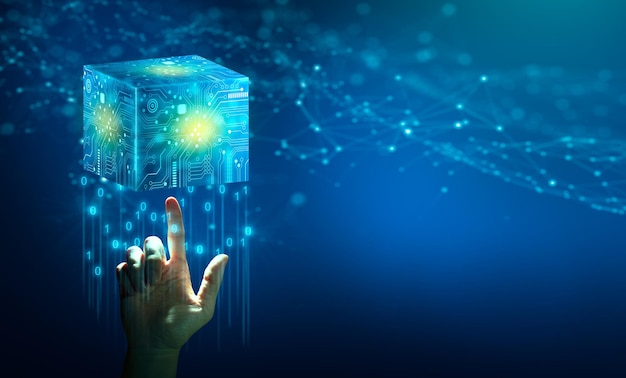businessman hand holding cube computing technology cloud data and internet security