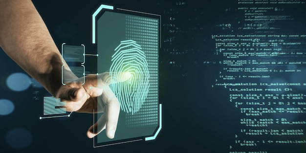 Businessman hand pointing at glowing finger print interface on dark background with coding language Security and biometrics concept