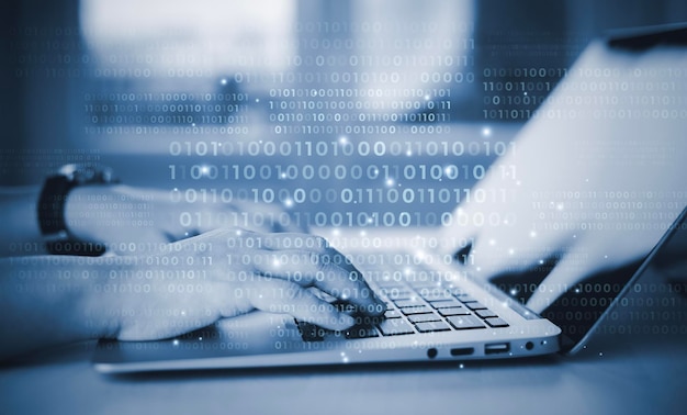 businessman hand touch with code html and programming on screen laptopprogrammer development computer codeweb design coding technology in software digital software technology development iot