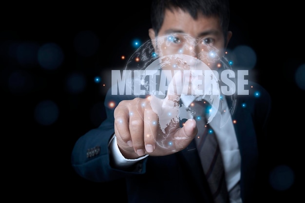 Businessman hand touching global network and data accessing Cloud ComputingVirtual Global Internet connection metaverse internet of thingsDigital link tech big data through internet technology