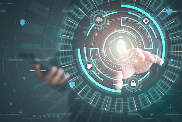 Businessman logging into cyberspace through secure online technology and protecti