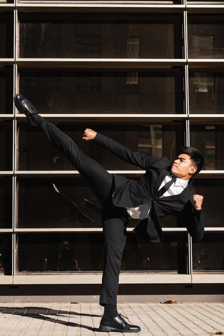 Photo businessman performing kick in air in street