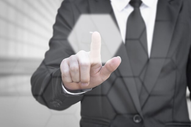 Businessman pressing touch screen interface Idea for about technology and choices business