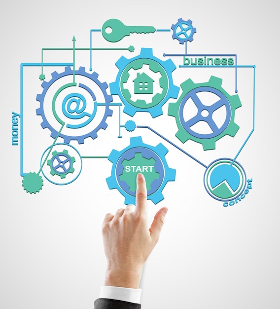 Businessman pushing business scheme concept