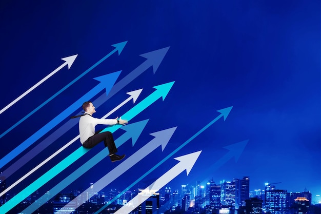 businessman riding upward arrow on night sky