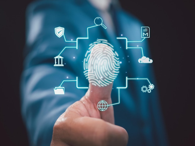 Businessman scan fingerprint biometric identity and approval