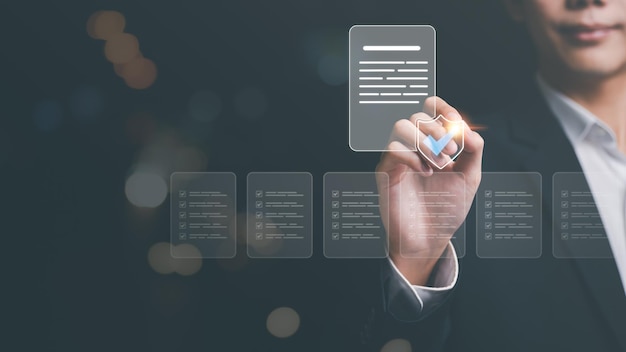 businessman showing online document validation icon concepts of practices and policies company art