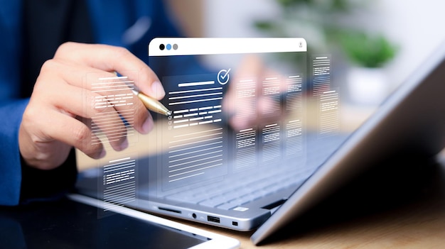 Businessman showing online document validation icon quality assessment management With a checklist
