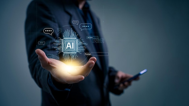 Businessman shows virtual graphic Global Internet connect Chatbots using AI Artificial Intelligence using command prompt to generate something Futuristic technology revolution