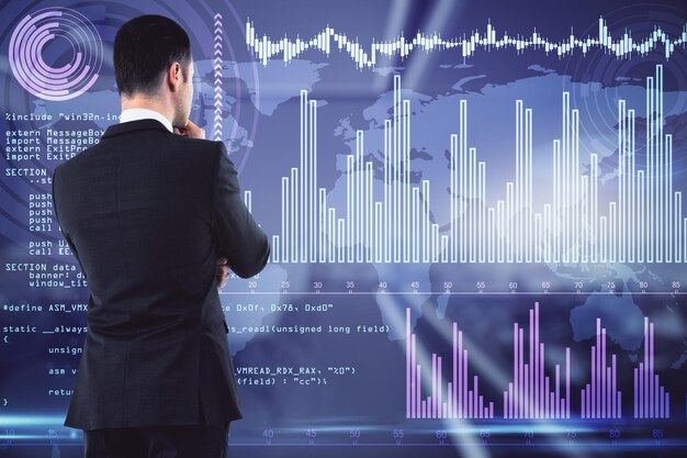 Businessman thinking on analytics data background brainstorming and analysis concept