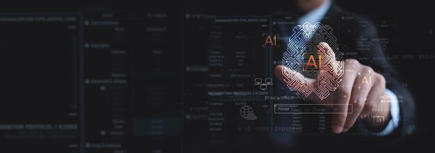 Businessman touching digital brain circuit of AI Artificial Intelligence with data engineering and processing Customer service AI chatbot AI prompt assignment technology business intelligence