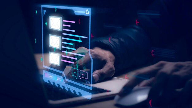 Businessman touching laptop with open email receiving business email news alerts Advertising by sending and customer messaging online digital technology direct selling business reminderx9