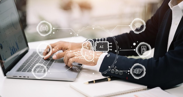 Businessman using a smartphone and laptop computer chatting with an intelligent artificial intelligence Futuristic technology automate Chat Bot Smart Ai
