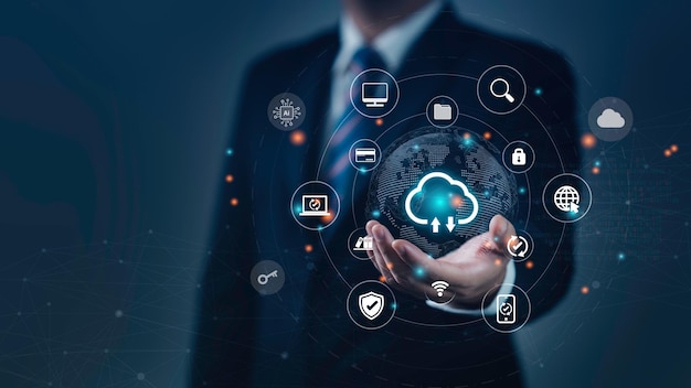 Businessman using Cloud service to document management and digital files storage and transfer doc sharing and file access backup and sync data online documentation database technology