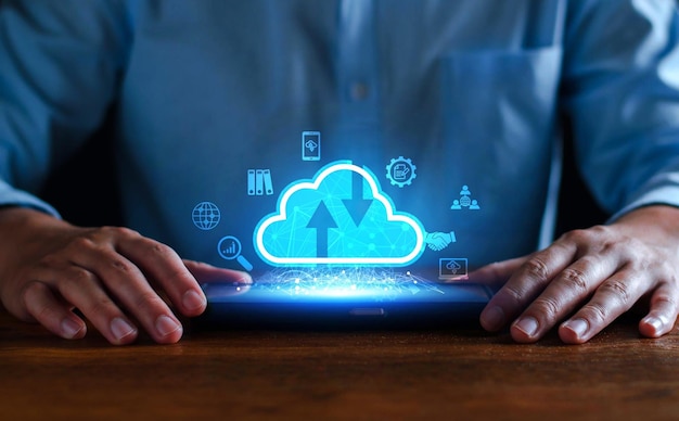 Businessman using cloud technology connect business data Cloud computing concept idea show
