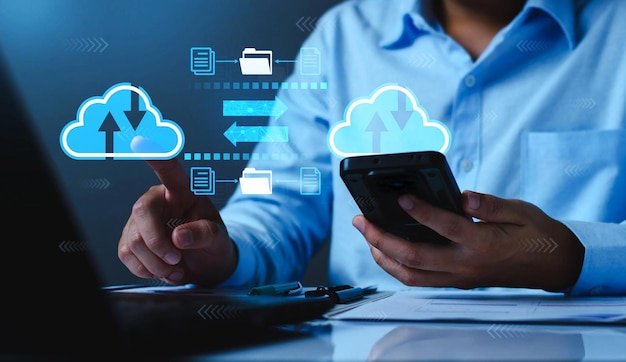 Businessman using cloud technology connect business data Cloud computing diagram show on hand Internet Cloud technology Digital Data storage Networking and internet service for business concept