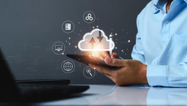 Businessman using cloud technology connect business data Cloud computing diagram show on hand