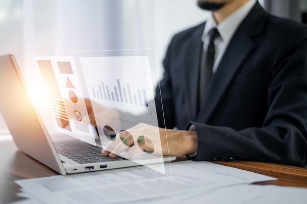 businessman using computer document management system dms online documentation database process automation to efficiently manage files documents management concept