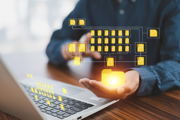 Businessman using computer Software for security searching and managing corporate files Corporate data management system and document management system with employee privacy