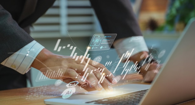 Businessman using digital tablet computer for AI machine learning on virtual screen with big data Global business development digital marketing and financial data analysis with AI technology