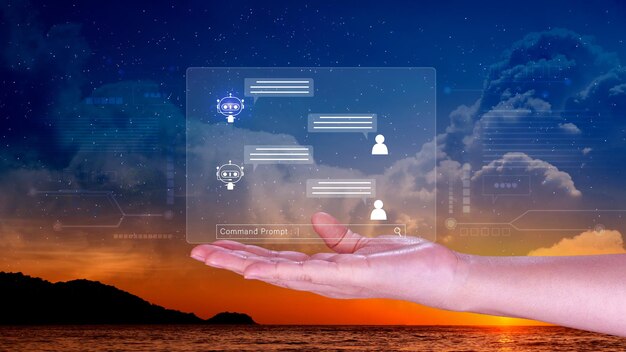 Businessman using for digital chatbot robot application conversation assistant AI Artificial Intelligence concept digital chatbot on virtual screen virtual assistants on internet