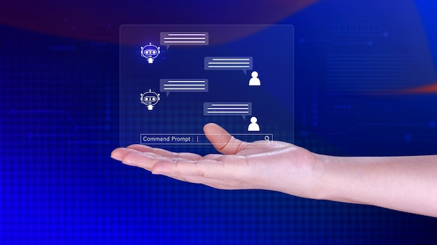 Businessman using for digital chatbot robot application conversation assistant AI Artificial Intelligence concept digital chatbot on virtual screen virtual assistants on internet