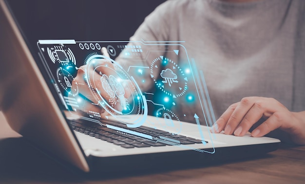 Businessman using smart devices for Digital technology connection and marketing links to artificial intelligence internet of thing Concept smart robot AI futuristic technology transformation