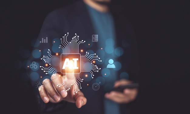 Businessman using technology Ai concept of artificial intelligence use analytics automation and an autonomous brain big data management computer connection information