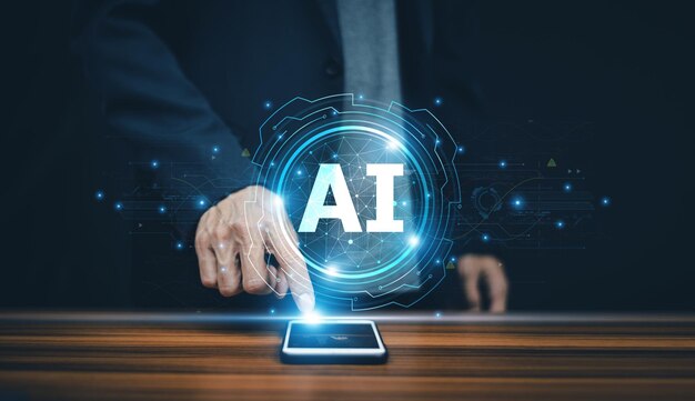 Businessman using technology Ai concept of artificial intelligence use analytics automation and an autonomous brain big data management computer connection information